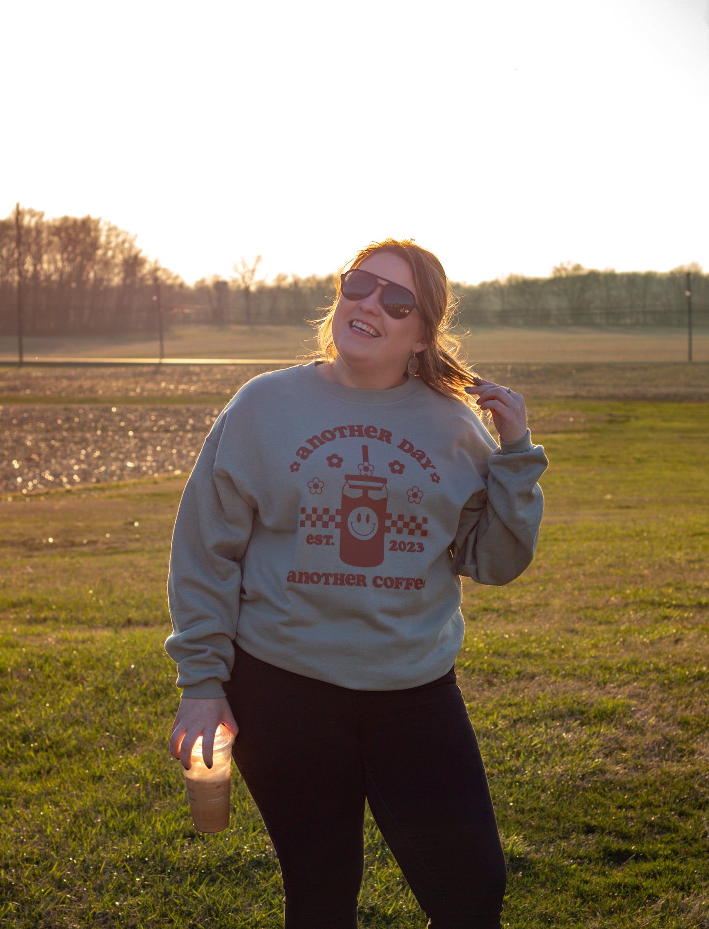 Another Day Another Coffee (retro smiley iced coffee) Crewneck Sweatshirt