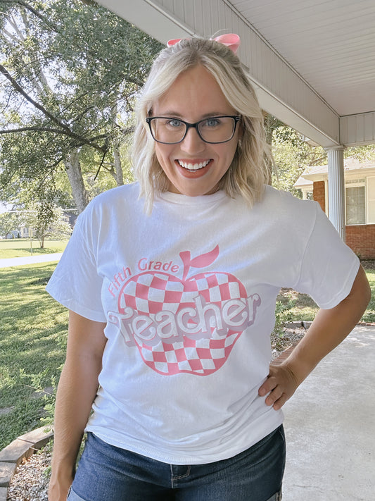 Checkered Apple Teacher T-Shirt on Comfort Colors White