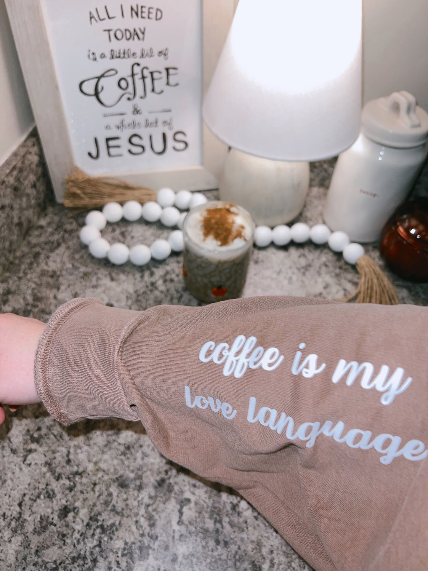 Coffee Weather Crewneck with coffee is my love language sleeve