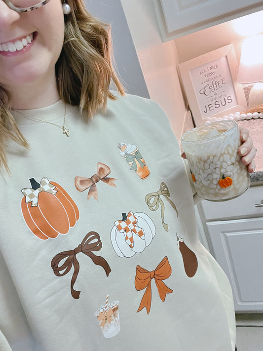 Pumpkins, Bows, Coffee, Jolly Crewneck Sweatshirt or T-Shirt