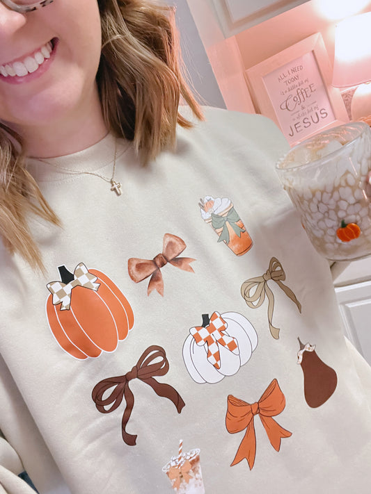 Pumpkins, Bows, Coffee, Jolly Crewneck Sweatshirt or T-Shirt