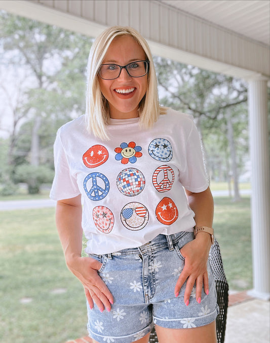 Retro Peace Sign, Flowers, Smiley 4th of July T-Shirt