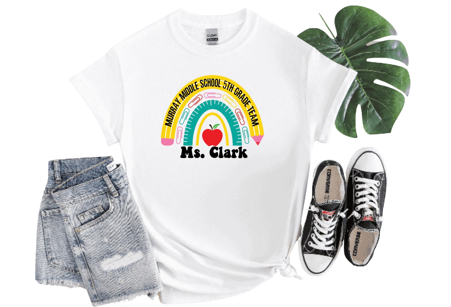 Pencil & Paper Clip Rainbow Team Teacher Custom T-Shirt