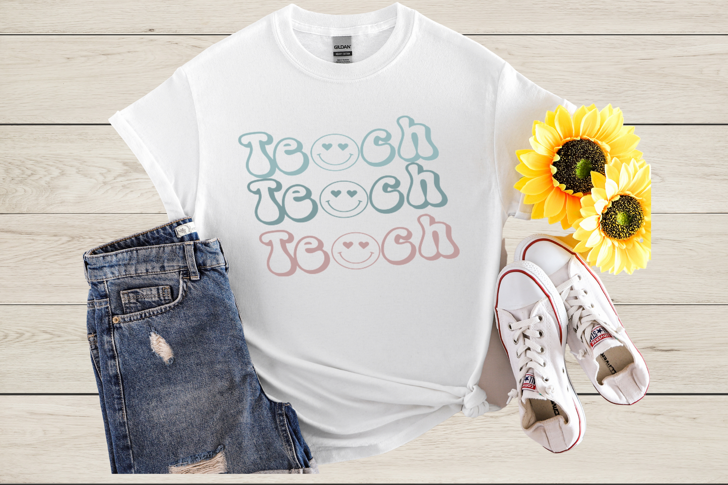 Teach Teach Teach Smiley/Retro Font T-Shirt